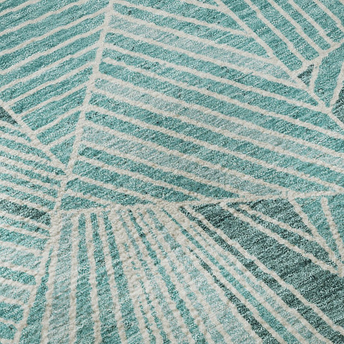 8' Teal And Ivory Geometric Washable Round Rug With UV Protection