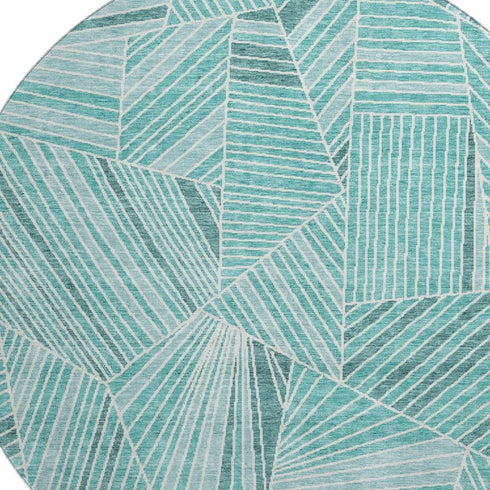 8' Teal And Ivory Geometric Washable Round Rug With UV Protection