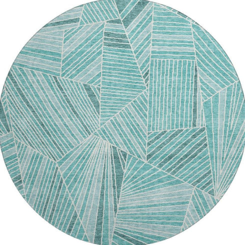 8' Teal And Ivory Geometric Washable Round Rug With UV Protection