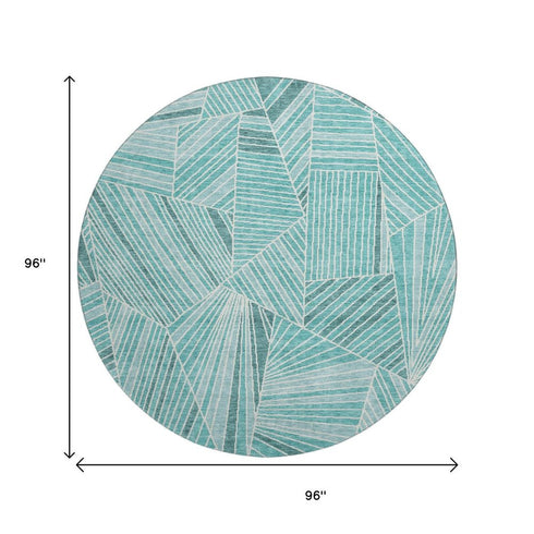8' Teal And Ivory Geometric Washable Round Rug With UV Protection
