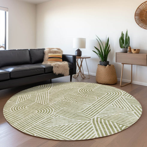 8' Artichoke Green And Ivory Abstract Geometric Washable Round Rug With UV Protection