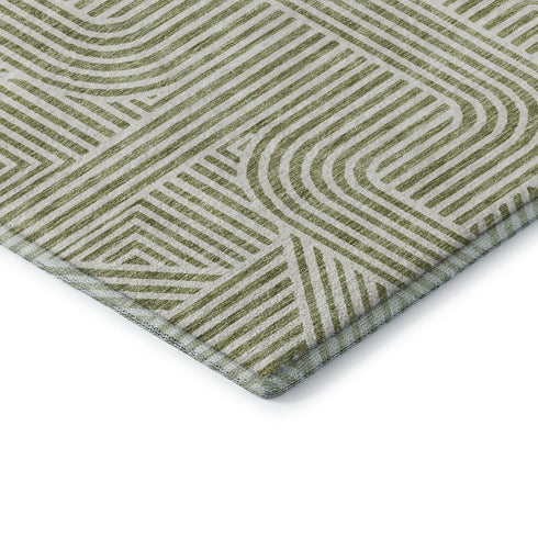 8' Artichoke Green And Ivory Abstract Geometric Washable Round Rug With UV Protection