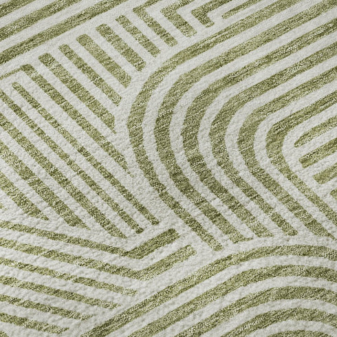 8' Artichoke Green And Ivory Abstract Geometric Washable Round Rug With UV Protection