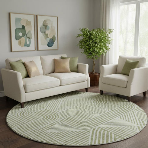8' Artichoke Green And Ivory Abstract Geometric Washable Round Rug With UV Protection