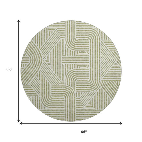 8' Artichoke Green And Ivory Abstract Geometric Washable Round Rug With UV Protection