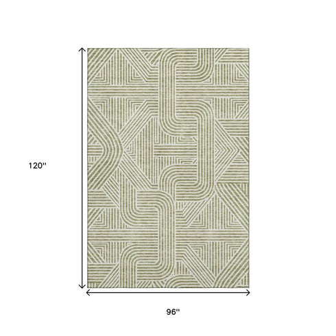 8' X 10' Artichoke Green And Ivory Abstract Geometric Washable Area Rug With UV Protection