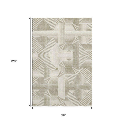 8' X 10' Beige And Ivory Abstract Geometric Washable Area Rug With UV Protection