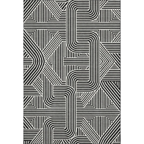 5' X 8' Black And Ivory Abstract Geometric Washable Area Rug With UV Protection