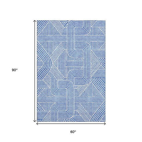 5' X 8' Blue And Ivory Abstract Geometric Washable Area Rug With UV Protection