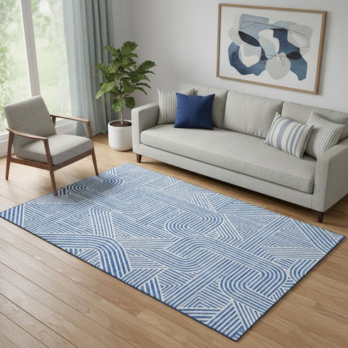 5' X 8' Blue And Ivory Abstract Geometric Washable Area Rug With UV Protection