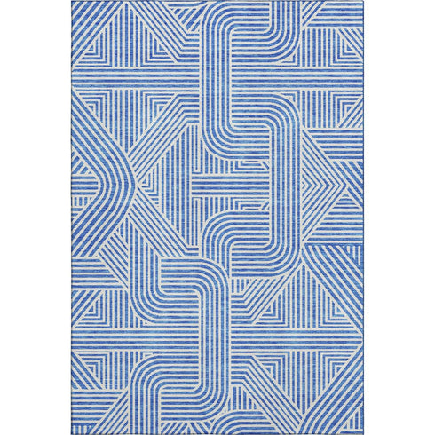 5' X 8' Blue And Ivory Abstract Geometric Washable Area Rug With UV Protection