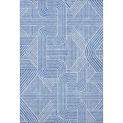 5' X 8' Blue And Ivory Abstract Geometric Washable Area Rug With UV Protection