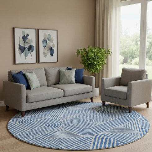 8' Blue And Ivory Abstract Geometric Washable Round Rug With UV Protection