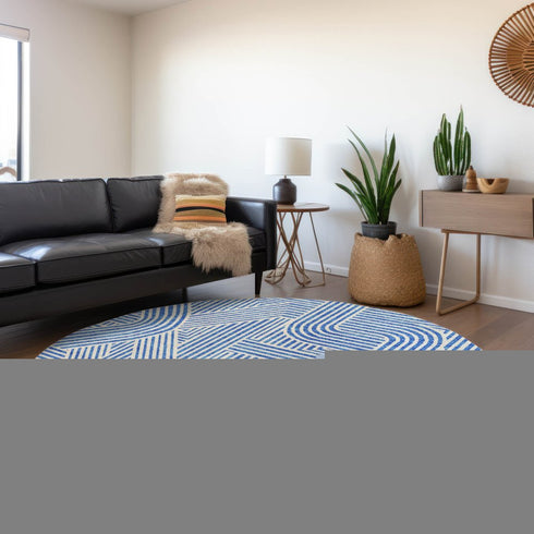 8' Blue And Ivory Abstract Geometric Washable Round Rug With UV Protection
