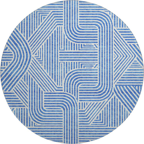 8' Blue And Ivory Abstract Geometric Washable Round Rug With UV Protection