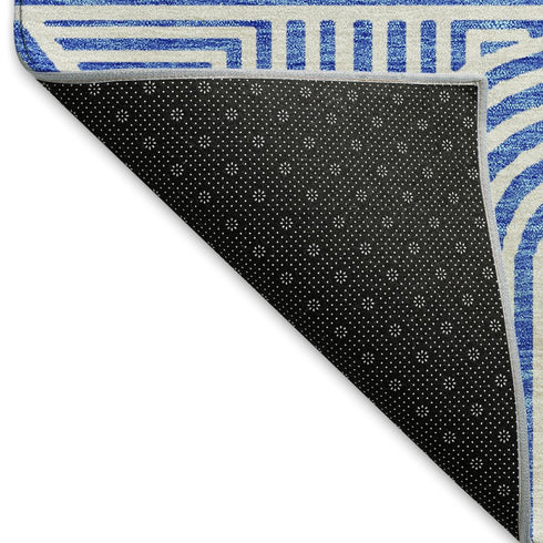 8' Blue And Ivory Abstract Geometric Washable Round Rug With UV Protection