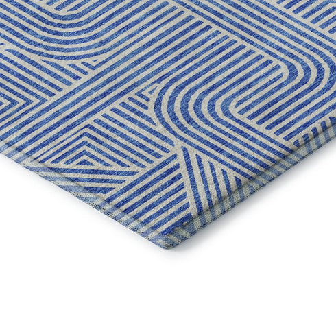 8' Blue And Ivory Abstract Geometric Washable Round Rug With UV Protection