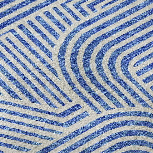 8' Blue And Ivory Abstract Geometric Washable Round Rug With UV Protection