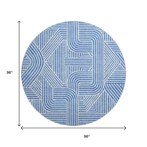 8' Blue And Ivory Abstract Geometric Washable Round Rug With UV Protection