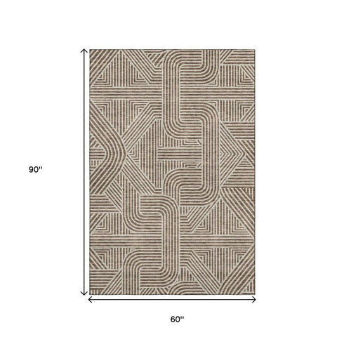 5' X 8' Brown And Ivory Abstract Geometric Washable Area Rug With UV Protection