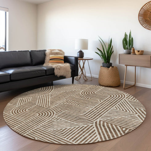 8' Brown And Ivory Abstract Geometric Washable Round Rug With UV Protection