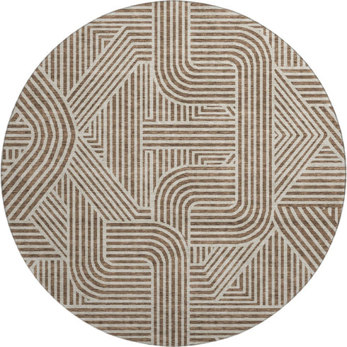 8' Brown And Ivory Abstract Geometric Washable Round Rug With UV Protection
