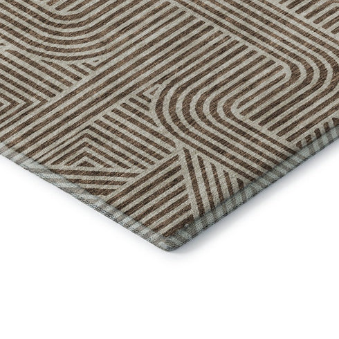 8' Brown And Ivory Abstract Geometric Washable Round Rug With UV Protection