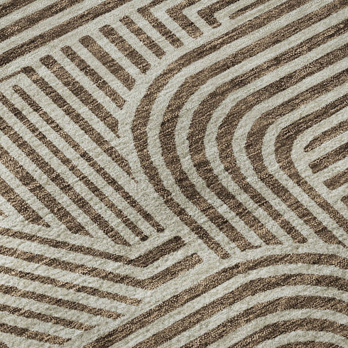8' Brown And Ivory Abstract Geometric Washable Round Rug With UV Protection