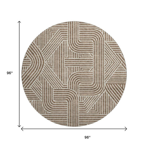 8' Brown And Ivory Abstract Geometric Washable Round Rug With UV Protection