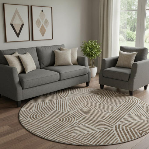8' Brown And Ivory Abstract Geometric Washable Round Rug With UV Protection
