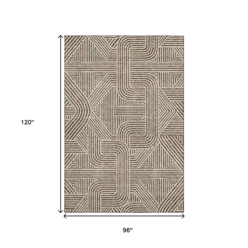 8' X 10' Brown And Ivory Abstract Geometric Washable Area Rug With UV Protection