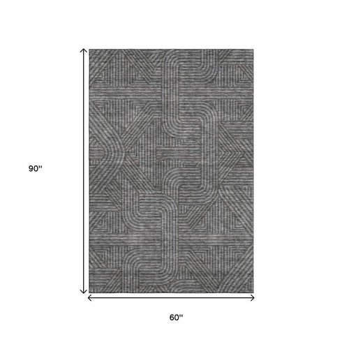 5' X 8' Charcoal And Ivory Abstract Geometric Washable Area Rug With UV Protection