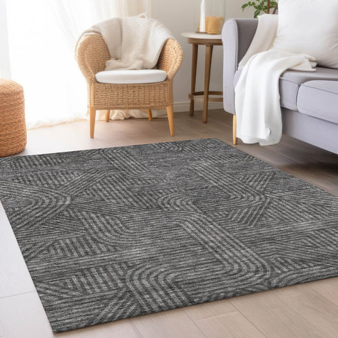 8' X 10' Charcoal And Ivory Abstract Geometric Washable Area Rug With UV Protection