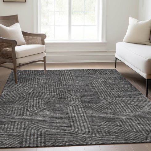 8' X 10' Charcoal And Ivory Abstract Geometric Washable Area Rug With UV Protection