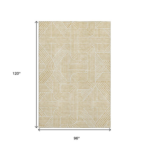 8' X 10' Gold And Ivory Abstract Geometric Washable Area Rug With UV Protection