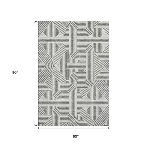 5' X 8' Gray And Ivory Abstract Geometric Washable Area Rug With UV Protection