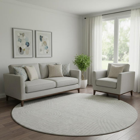 8' Ivory And Beige Abstract Geometric Washable Round Rug With UV Protection