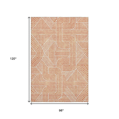 8' X 10' Orange And Ivory Abstract Geometric Washable Area Rug With UV Protection