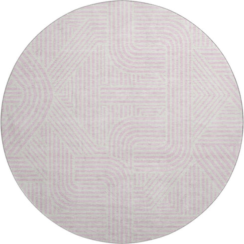 8' Pink And Ivory Abstract Geometric Washable Round Rug With UV Protection