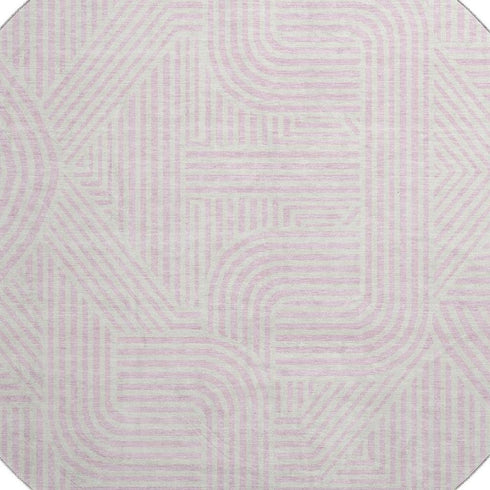 8' Pink And Ivory Abstract Geometric Washable Round Rug With UV Protection
