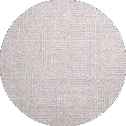 8' Pink And Ivory Abstract Geometric Washable Round Rug With UV Protection