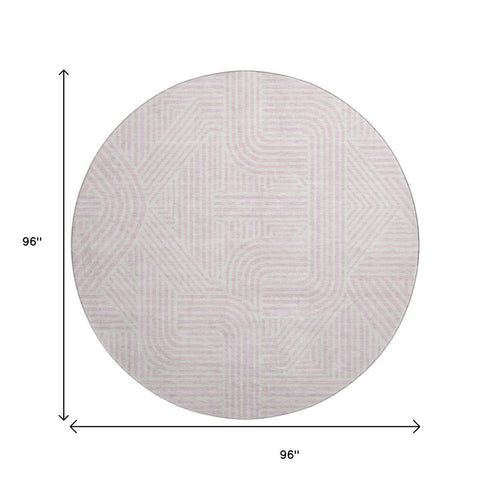 8' Pink And Ivory Abstract Geometric Washable Round Rug With UV Protection