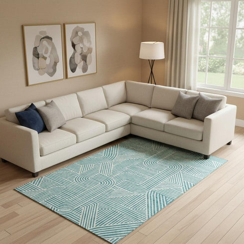 8' X 10' Teal And Ivory Abstract Geometric Washable Area Rug With UV Protection