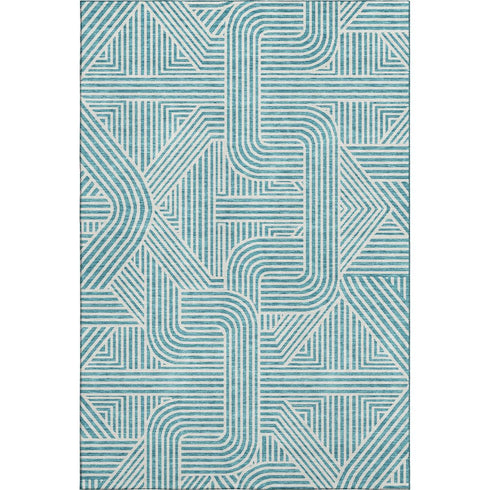 8' X 10' Teal And Ivory Abstract Geometric Washable Area Rug With UV Protection