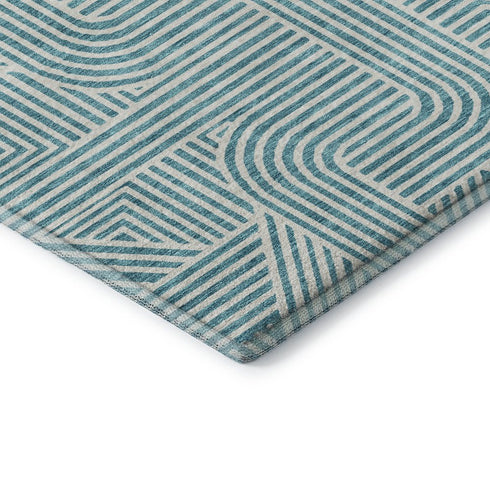8' X 10' Teal And Ivory Abstract Geometric Washable Area Rug With UV Protection