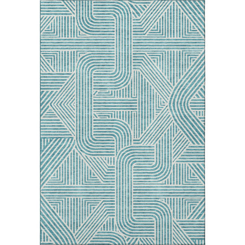 8' X 10' Teal And Ivory Abstract Geometric Washable Area Rug With UV Protection