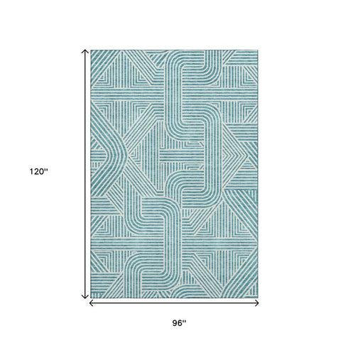 8' X 10' Teal And Ivory Abstract Geometric Washable Area Rug With UV Protection
