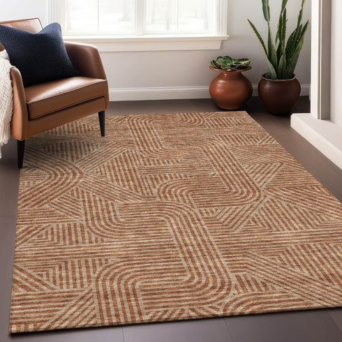 8' X 10' Terra Cotta And Beige Abstract Geometric Washable Area Rug With UV Protection