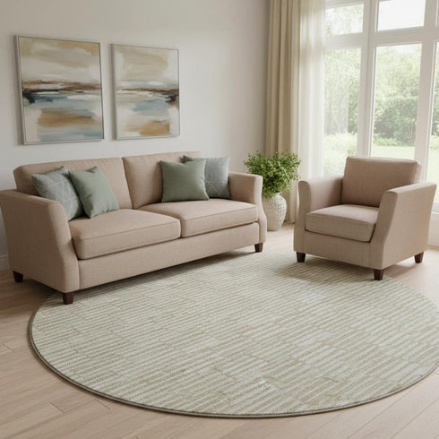 8' Beige And Ivory Abstract Geometric Washable Round Rug With UV Protection