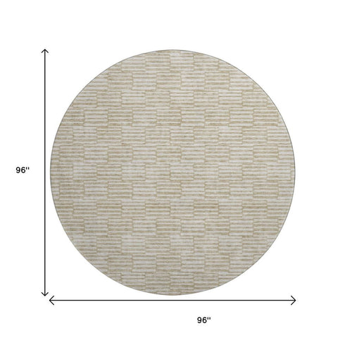 8' Beige And Ivory Abstract Geometric Washable Round Rug With UV Protection